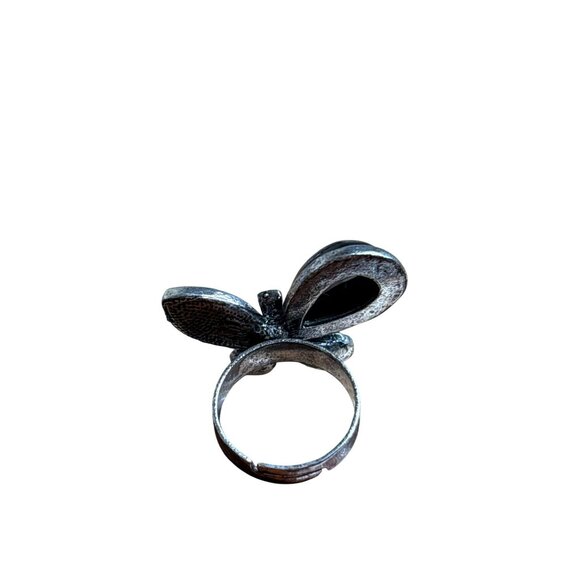 Adjustable Butterfly Ring Black Cabochons Rhinestones Grey Enamel Silvertone - Picture 2 of 3